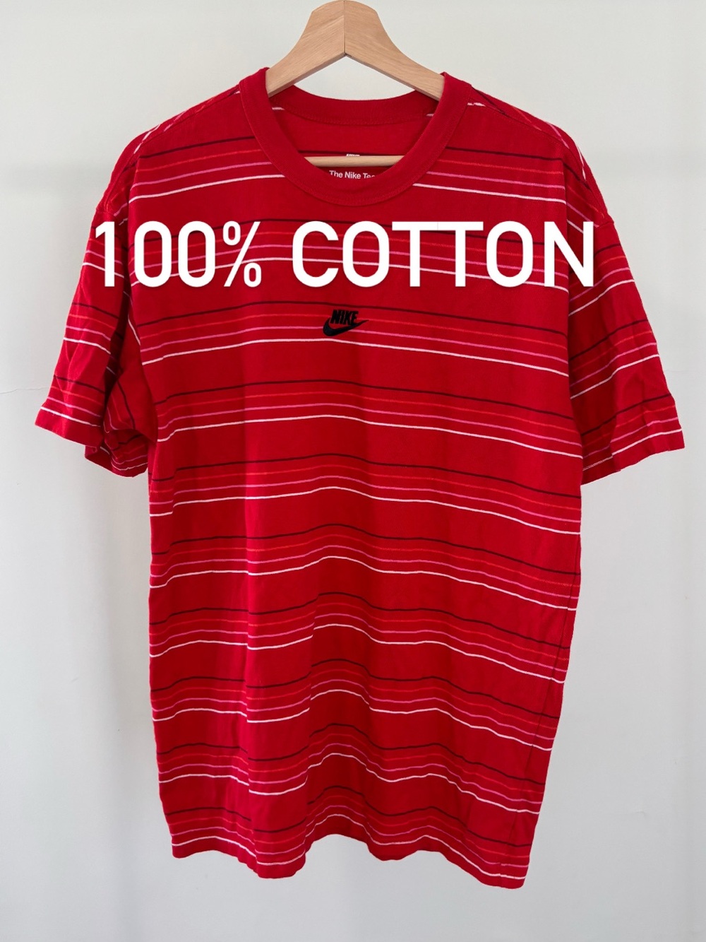 Nike Red Short-Sleeve Striped Tee | 100% Cotton | Size M